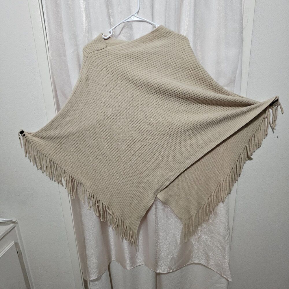 Women's Cream Ribbed Knit Poncho Cape Fringe Trim One Size Cozy Sweater Wrap